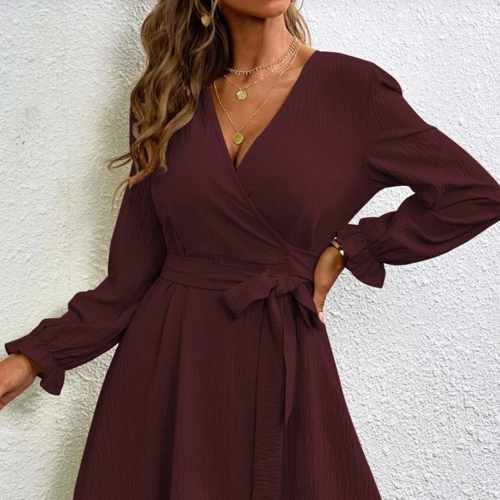 Burgundy Wrap Dress with Deep V Neckline - Sz M